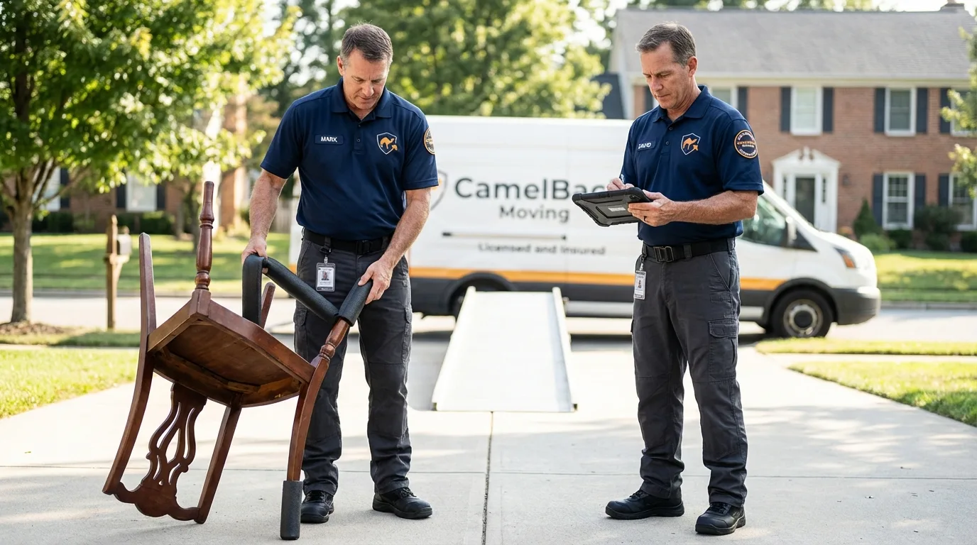 Movers inspecting furniture for damage prevention before loading in Saint James City, FL