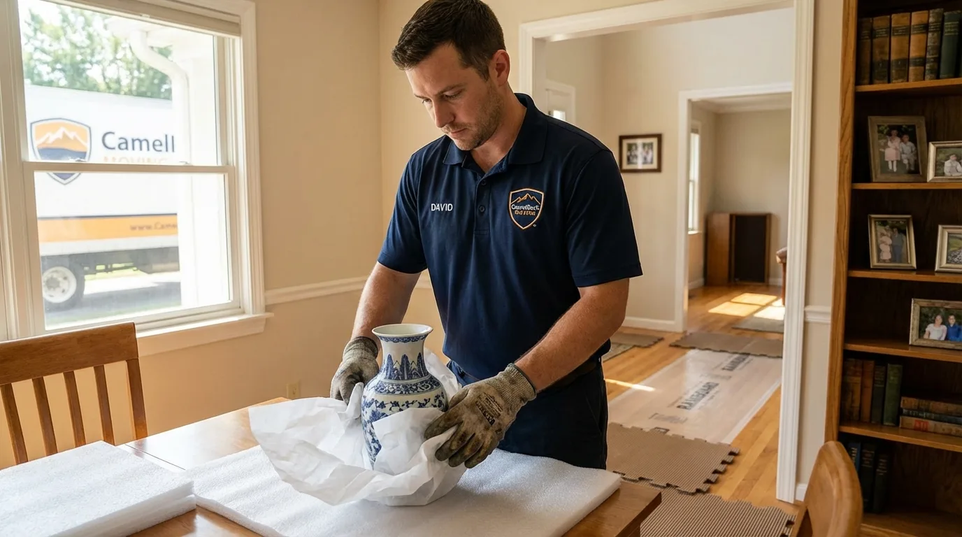 Professional crew carefully wrapping antique vase for senior downsizing move in Saint James City, FL
